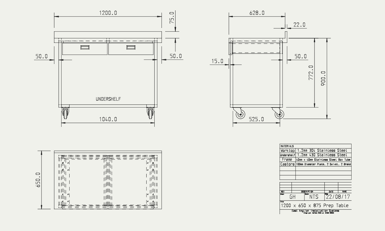 Engineering drawing of bespoke table
