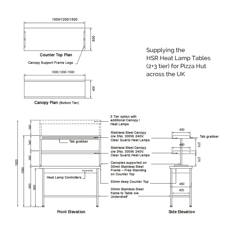 Schematic for the bespoke heat lamp tables supplied to Pizza Hut