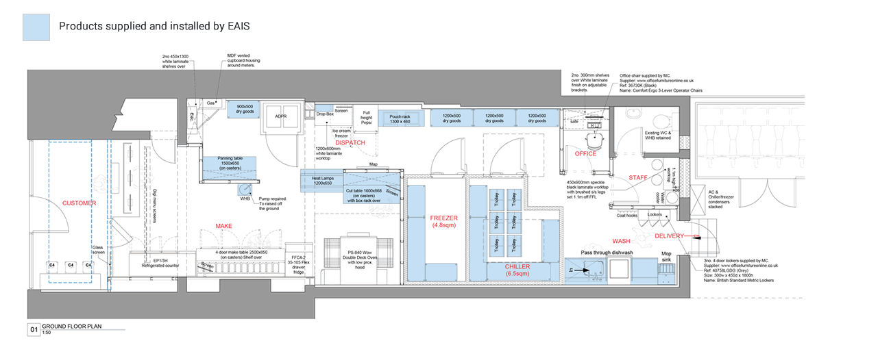 Plan of Pizza Hut Kitchens showing equipment supplied by EAIS